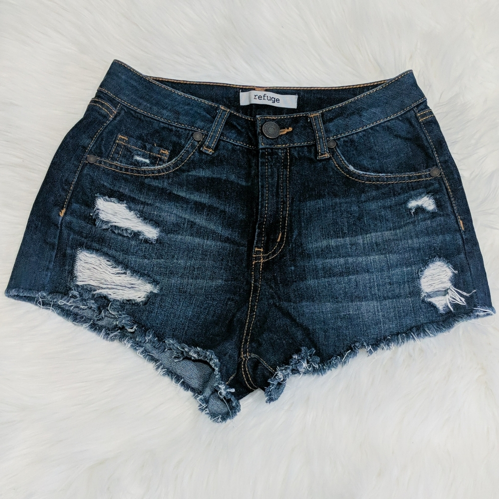 Refuge distressed ripped high rise jean shorts